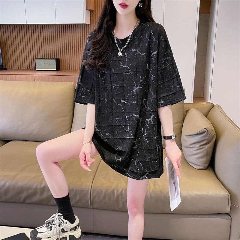 실사 2026 여름 80 면 20 폴리에스터 다용도 루즈핏 홀치기 염색 화상 꽃 의류 반팔 티셔츠 여성