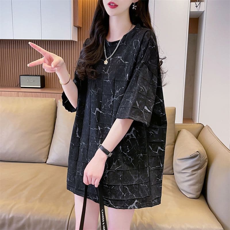 실사 2026 여름 80 면 20 폴리에스터 다용도 루즈핏 홀치기 염색 화상 꽃 의류 반팔 티셔츠 여성 상세 이미지 5