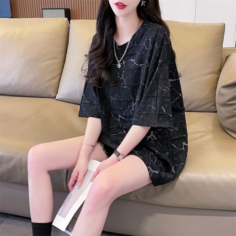실사 2026 여름 80 면 20 폴리에스터 다용도 루즈핏 홀치기 염색 화상 꽃 의류 반팔 티셔츠 여성 상세 이미지 10