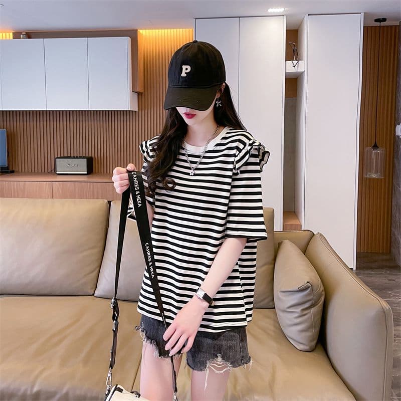 실사 2026 여름 새로운 Zhu 그라운드 다용도 스트라이프 루즈핏 맨위 패션 반팔 티셔츠 여성 상세 이미지 4