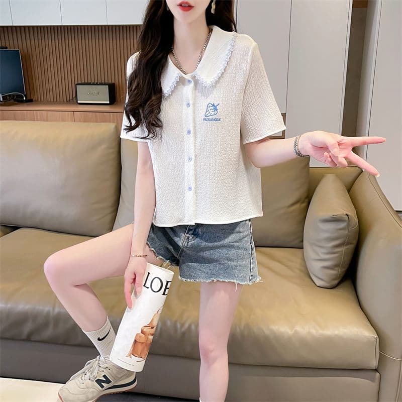실사 2026 여름 모방 면 자카드 꽃 다용도 루즈핏 맨위 패션 반팔 티셔츠 여성