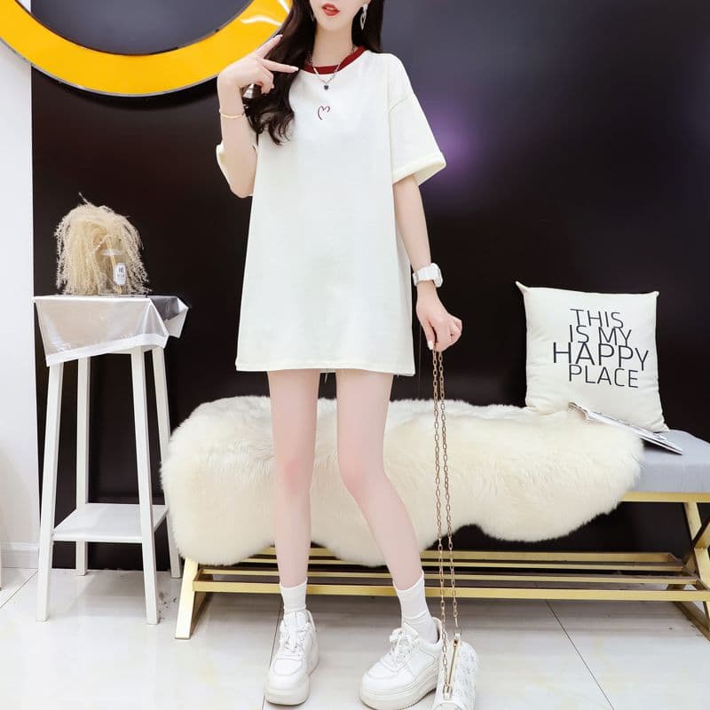 실사 2026 여름 200그램 순면 빅 사이즈 300 근 자수 패치워크 색상 반팔 티셔츠 여성 상세 이미지 7