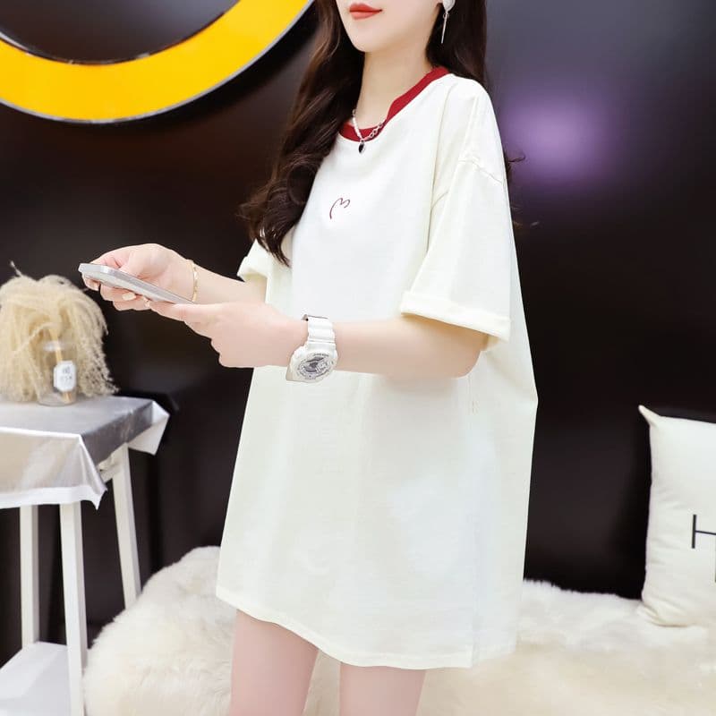실사 2026 여름 200그램 순면 빅 사이즈 300 근 자수 패치워크 색상 반팔 티셔츠 여성 상세 이미지 11