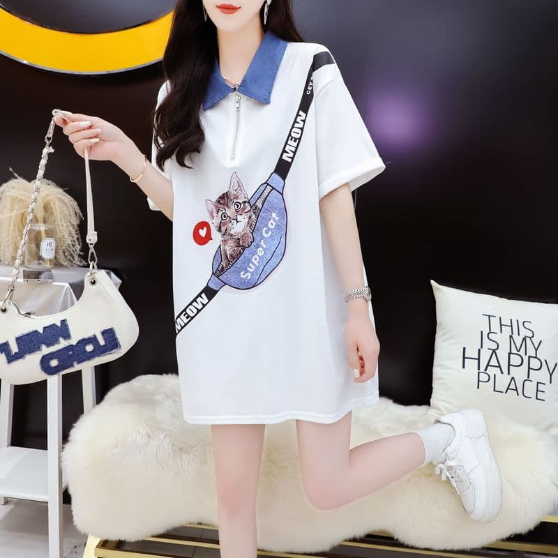 실사 2026 여름 220 그램 조수 브랜드 면 빅 사이즈 데님 칼라 프린트 반팔 티셔츠 여성 이미지 5