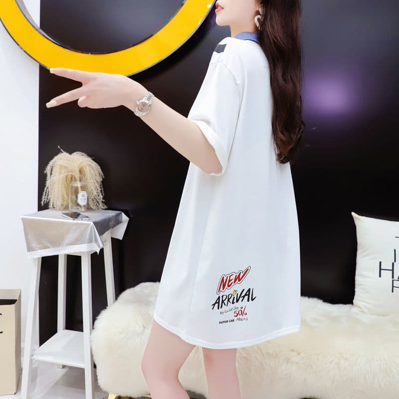 실사 2026 여름 220 그램 조수 브랜드 면 빅 사이즈 데님 칼라 프린트 반팔 티셔츠 여성 이미지 4