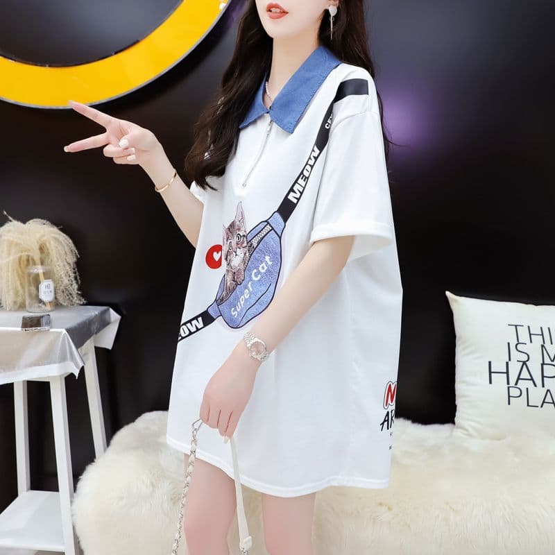 실사 2026 여름 220 그램 조수 브랜드 면 빅 사이즈 데님 칼라 프린트 반팔 티셔츠 여성 이미지 2