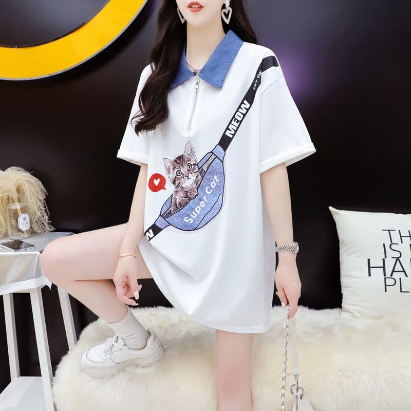 실사 2026 여름 220 그램 조수 브랜드 면 빅 사이즈 데님 칼라 프린트 반팔 티셔츠 여성 상세 이미지 7
