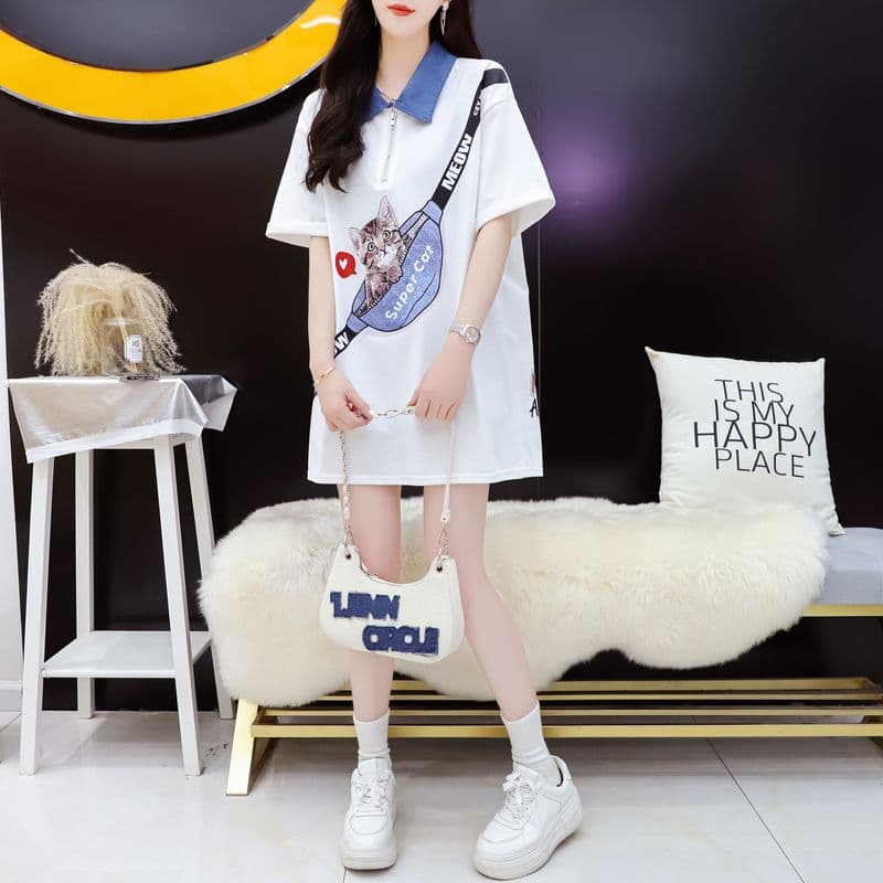 실사 2026 여름 220 그램 조수 브랜드 면 빅 사이즈 데님 칼라 프린트 반팔 티셔츠 여성 상세 이미지 8