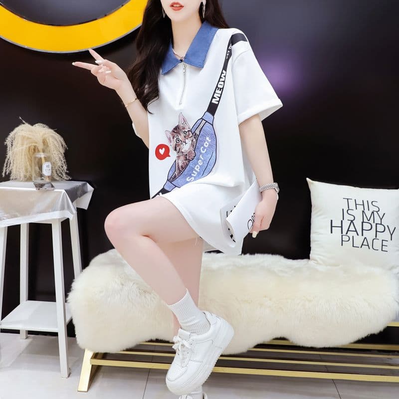 실사 2026 여름 220 그램 조수 브랜드 면 빅 사이즈 데님 칼라 프린트 반팔 티셔츠 여성 상세 이미지 10