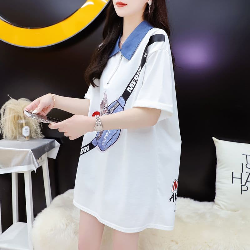 실사 2026 여름 220 그램 조수 브랜드 면 빅 사이즈 데님 칼라 프린트 반팔 티셔츠 여성 상세 이미지 12