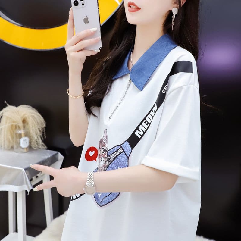 실사 2026 여름 220 그램 조수 브랜드 면 빅 사이즈 데님 칼라 프린트 반팔 티셔츠 여성 상세 이미지 13