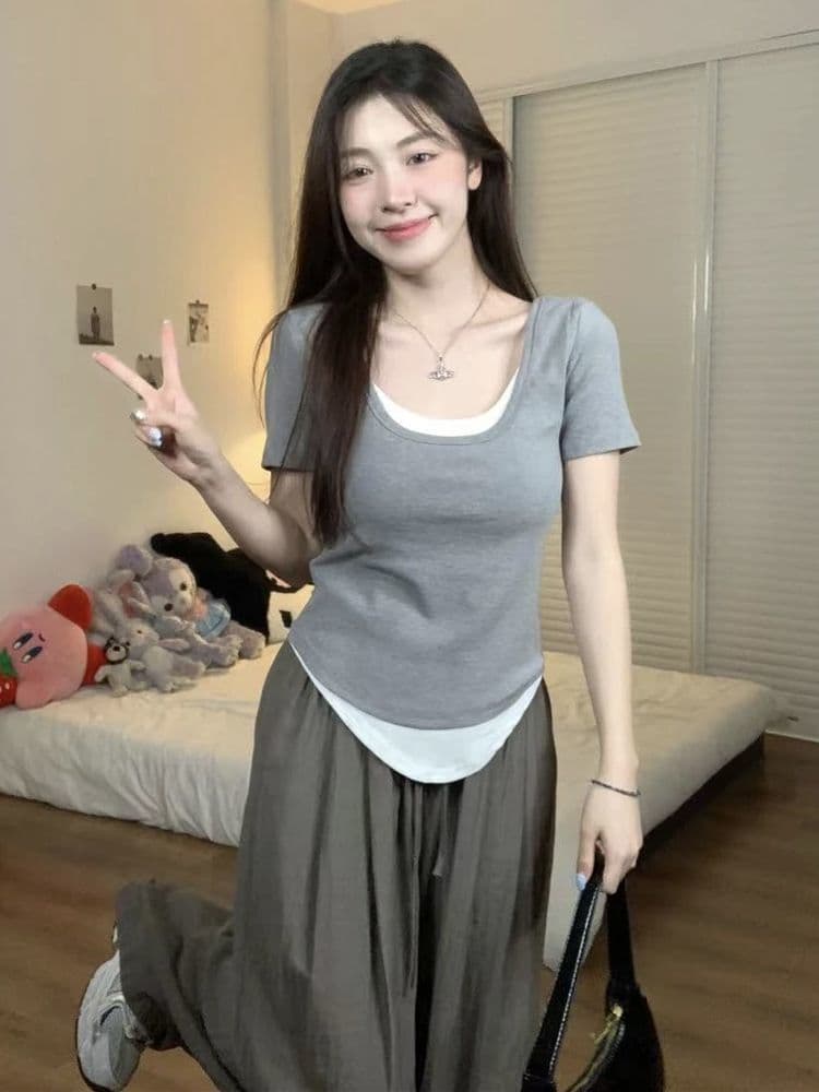 40 92 면 8 암모니아 Lun 빅 사이즈 여성 의류 지방 mm 긍정적 인 어깨 반팔 티셔츠 여성 배색 패치워크 몸매 가꾸기 맨위 m-4xl