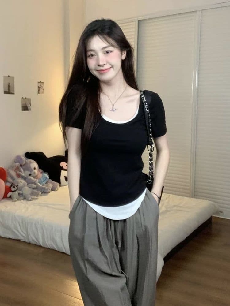 40 92 면 8 암모니아 Lun 빅 사이즈 여성 의류 지방 mm 긍정적 인 어깨 반팔 티셔츠 여성 배색 패치워크 몸매 가꾸기 맨위 m-4xl 상세 이미지 6