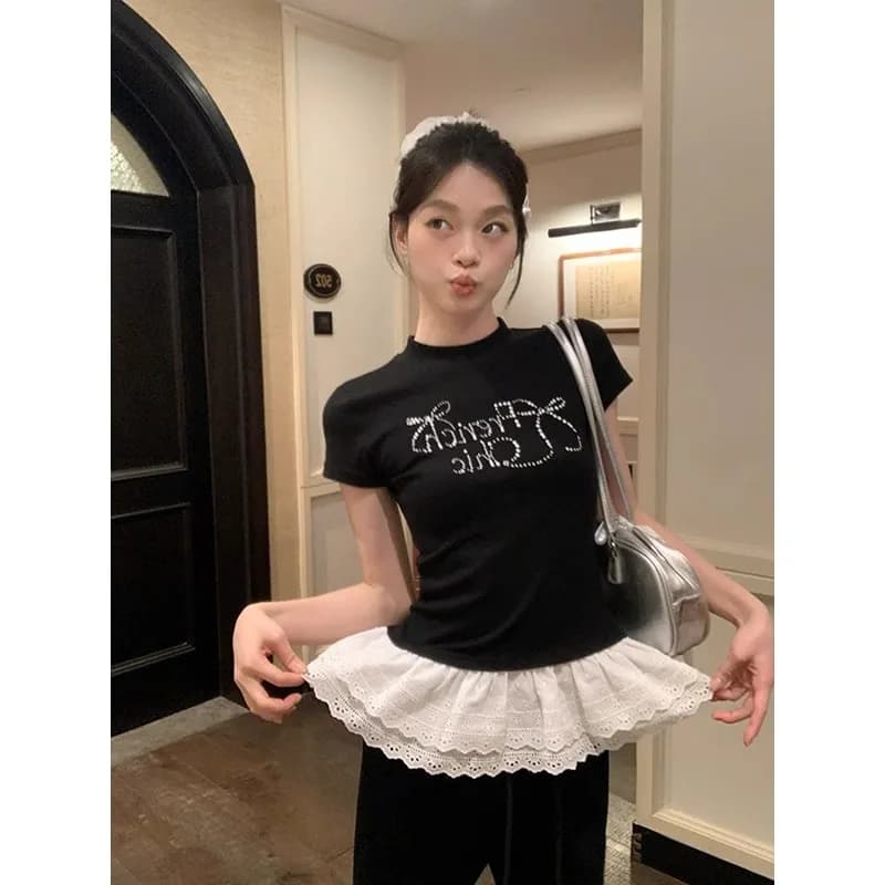 빅 사이즈 나비 매듭 핫픽스 레이스 반팔 티셔츠 여성 여름 새로운 2025 몸매 가꾸기 슬림해 보이는 긍정적 인 어깨 쇼트 스타일 맨위 이미지 3