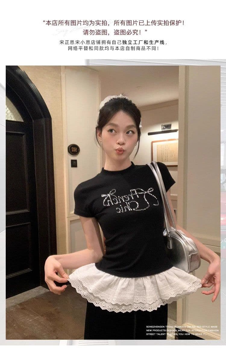 빅 사이즈 나비 매듭 핫픽스 레이스 반팔 티셔츠 여성 여름 새로운 2025 몸매 가꾸기 슬림해 보이는 긍정적 인 어깨 쇼트 스타일 맨위 상세 이미지 4