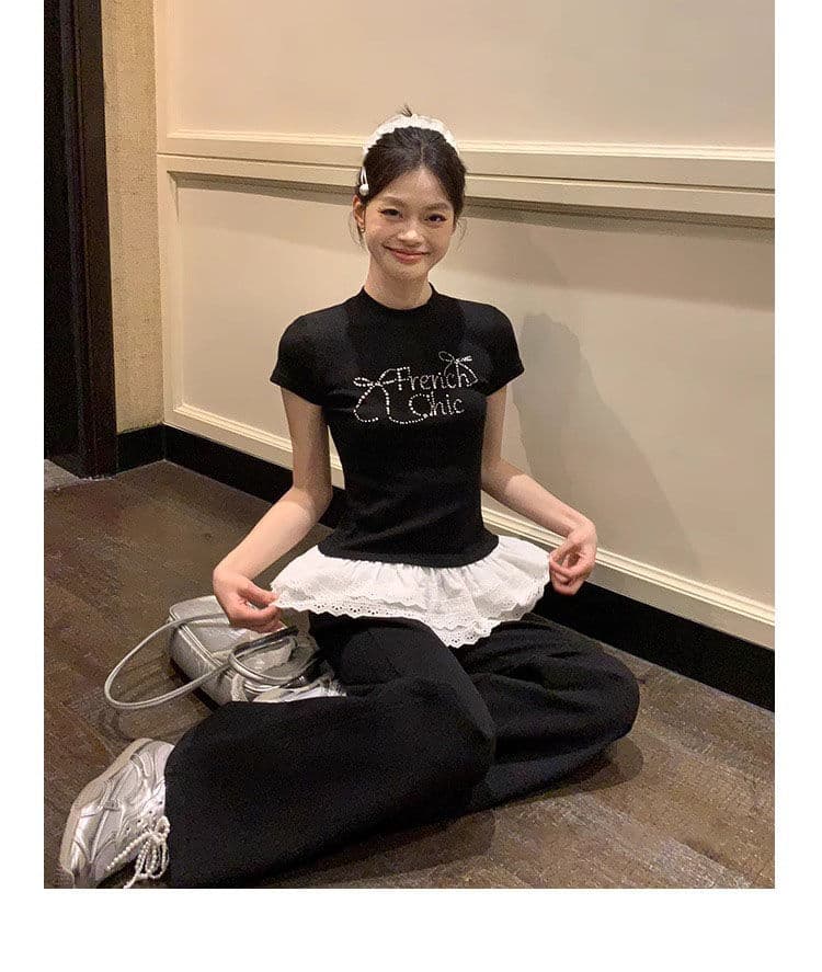 빅 사이즈 나비 매듭 핫픽스 레이스 반팔 티셔츠 여성 여름 새로운 2025 몸매 가꾸기 슬림해 보이는 긍정적 인 어깨 쇼트 스타일 맨위 상세 이미지 15