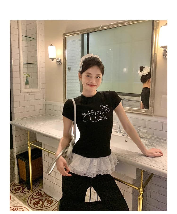 빅 사이즈 나비 매듭 핫픽스 레이스 반팔 티셔츠 여성 여름 새로운 2025 몸매 가꾸기 슬림해 보이는 긍정적 인 어깨 쇼트 스타일 맨위 상세 이미지 22