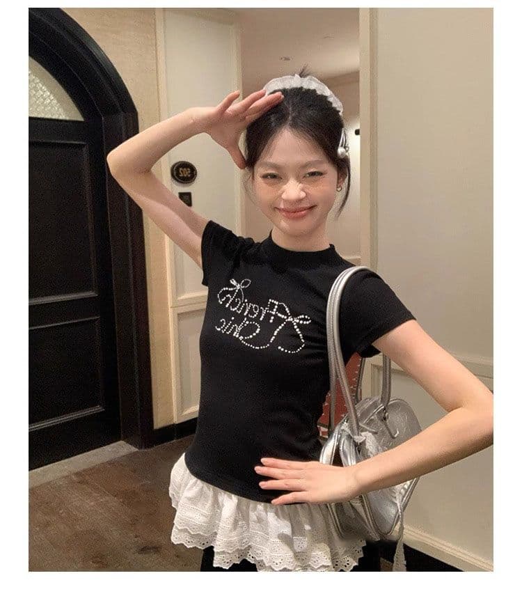 빅 사이즈 나비 매듭 핫픽스 레이스 반팔 티셔츠 여성 여름 새로운 2025 몸매 가꾸기 슬림해 보이는 긍정적 인 어깨 쇼트 스타일 맨위 상세 이미지 23