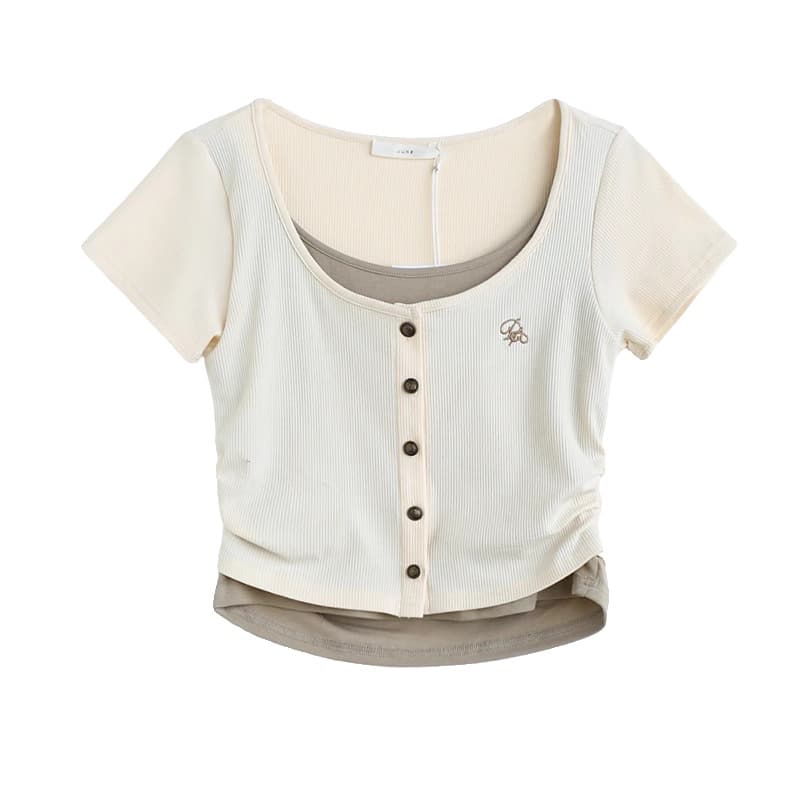 40 92 면 8 암모니아 Lun 흔들어서 소리 품질 금액 빅 사이즈 여성 의류 자수 페이크 레이어드 반팔 맨위 티셔츠 여성 m-4xl 상세 이미지 3