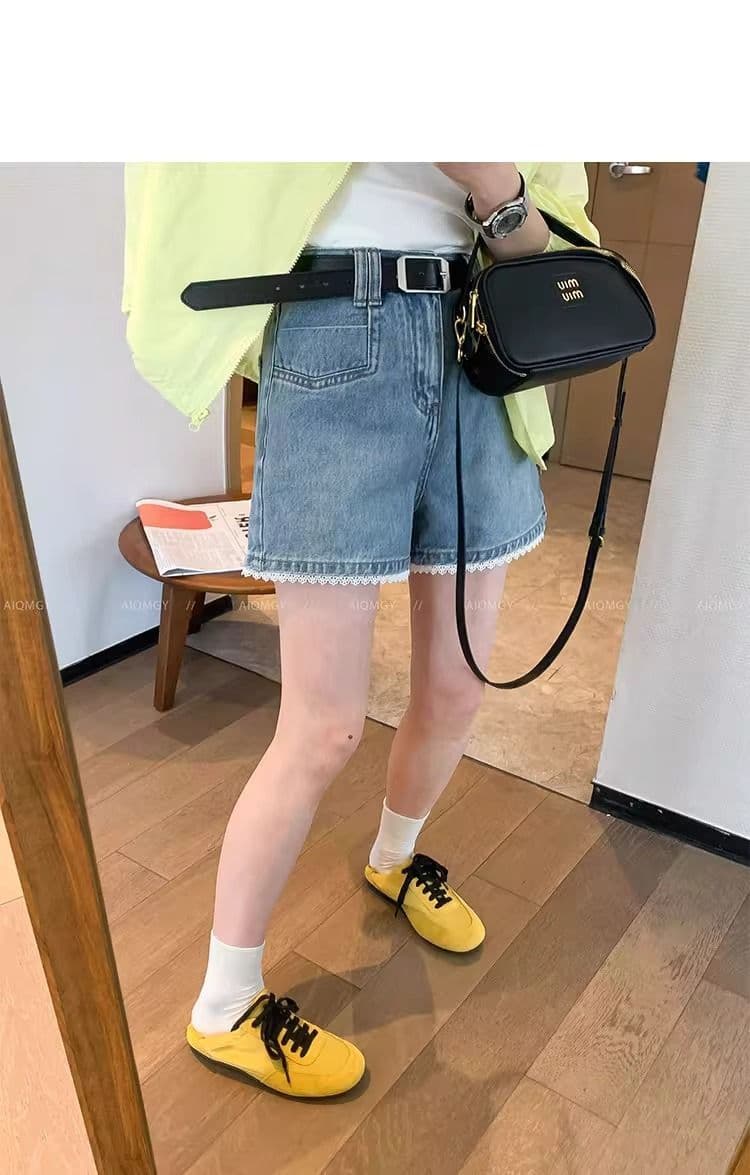 레이스 레이스 데님 반바지 여성 2026 여름 루즈핏 빅 사이즈 지방 mm 슬림해 보이는 하이웨이스트 한 마디 넓은 다리 뜨거운 바지 상세 이미지 14