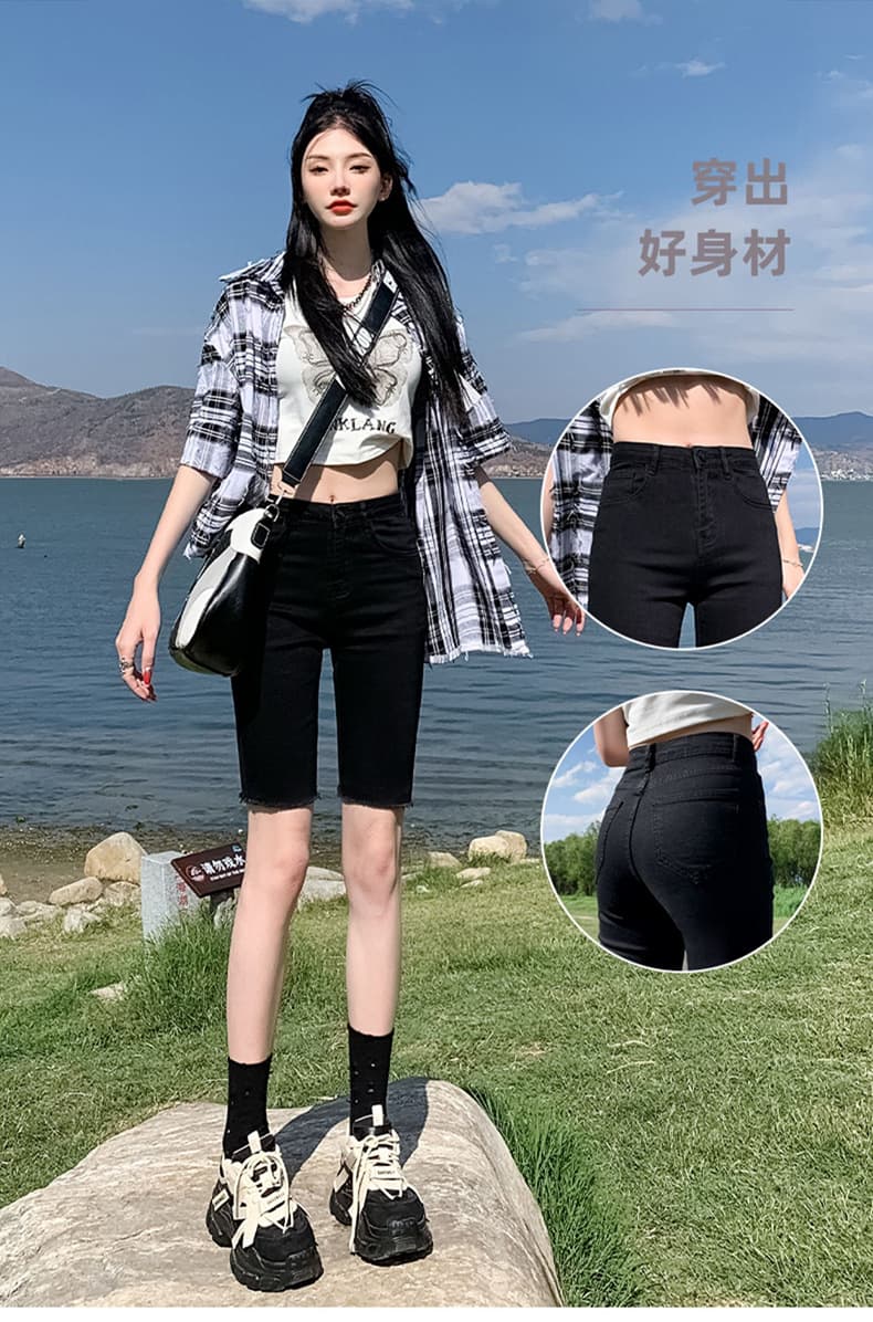 데님 반바지 여성 검정색 얇은 스타일 여름 작은 키 다용도 몸매 가꾸기 신축성 스트레이트 사이클링 바지 외출용 오부 바지 상세 이미지 7