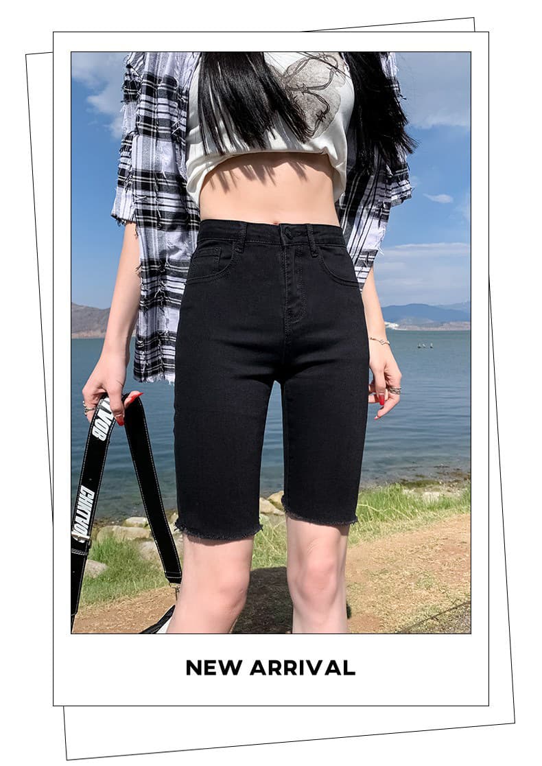 데님 반바지 여성 검정색 얇은 스타일 여름 작은 키 다용도 몸매 가꾸기 신축성 스트레이트 사이클링 바지 외출용 오부 바지 상세 이미지 13
