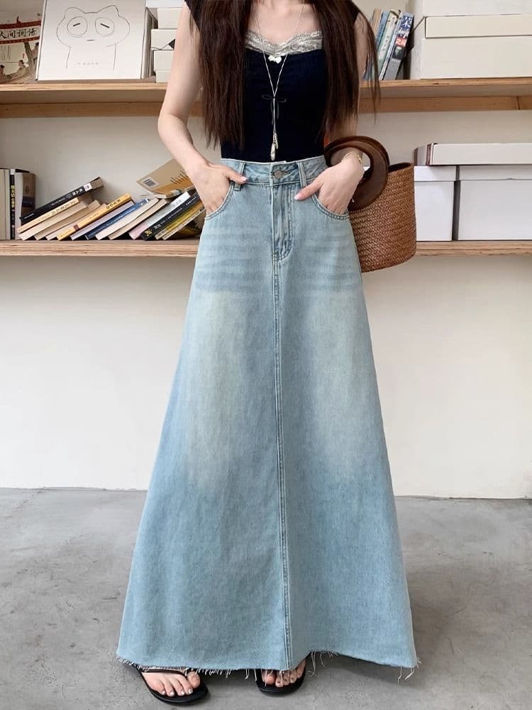 캐주얼 데님 반신 스커트 여성 봄 여름 새로운 거친 가장자리 루즈핏 큰 진자 치마 하이웨이스트 다용도 한 마디 데님 롱 스커트 상세 이미지 4