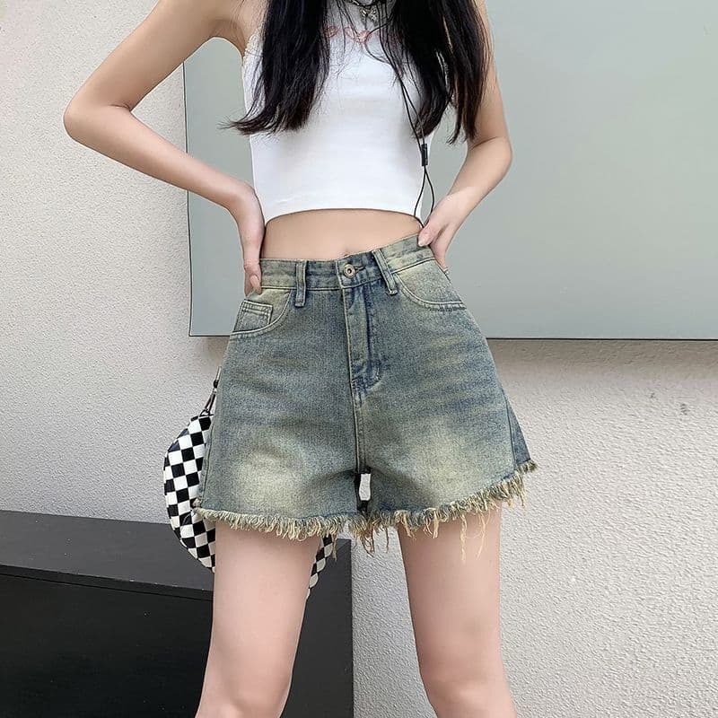 빅 사이즈 데님 반바지 여성 여름 몸매 가꾸기 거친 가장자리 레트로 캐주얼 하이웨이스트 도루 센스 루즈핏 슬림해 보이는 넓은 발 핫 바지