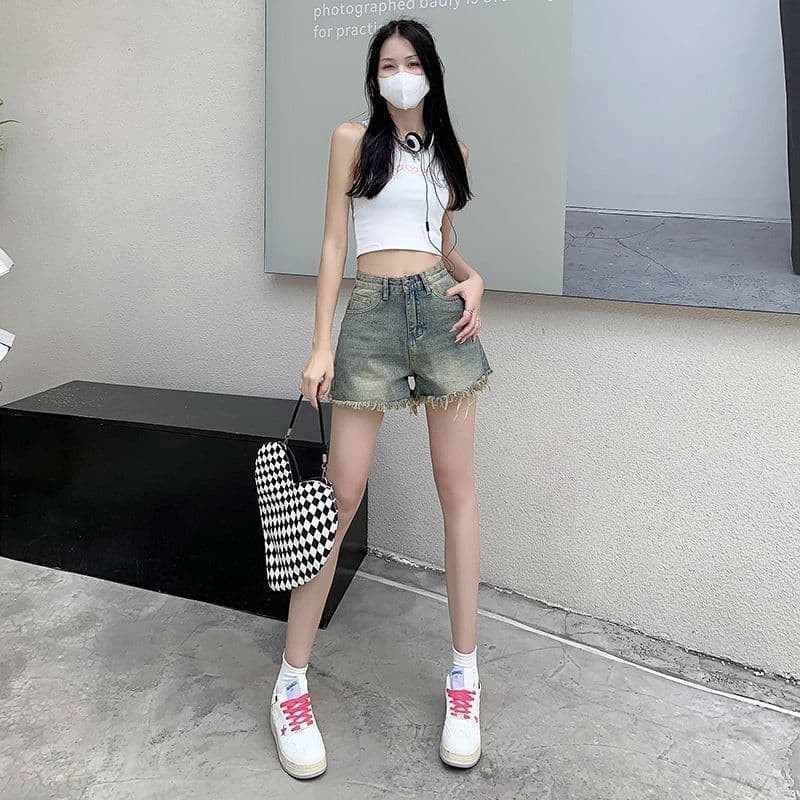 빅 사이즈 데님 반바지 여성 여름 몸매 가꾸기 거친 가장자리 레트로 캐주얼 하이웨이스트 도루 센스 루즈핏 슬림해 보이는 넓은 발 핫 바지 이미지 3