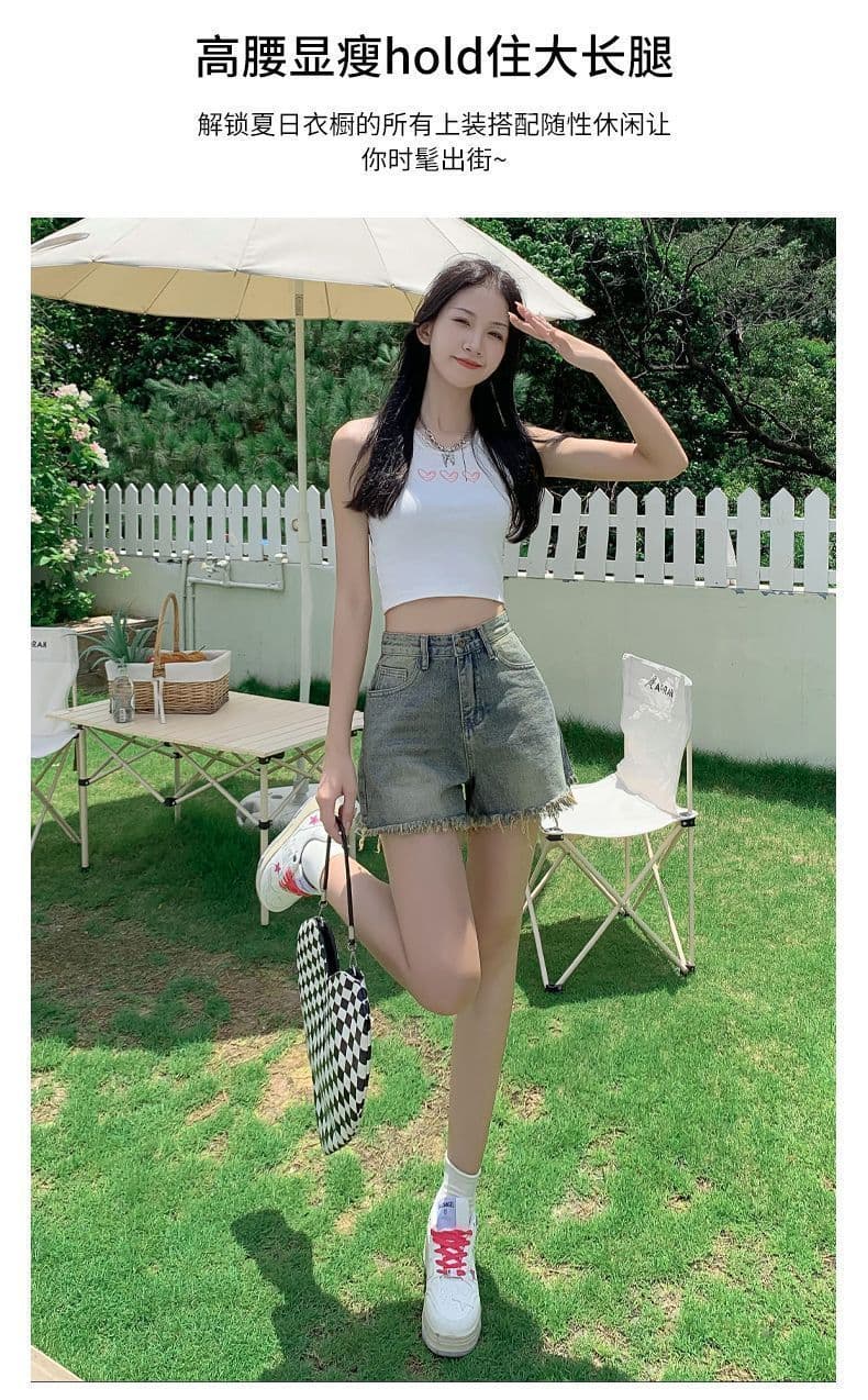 빅 사이즈 데님 반바지 여성 여름 몸매 가꾸기 거친 가장자리 레트로 캐주얼 하이웨이스트 도루 센스 루즈핏 슬림해 보이는 넓은 발 핫 바지 상세 이미지 7