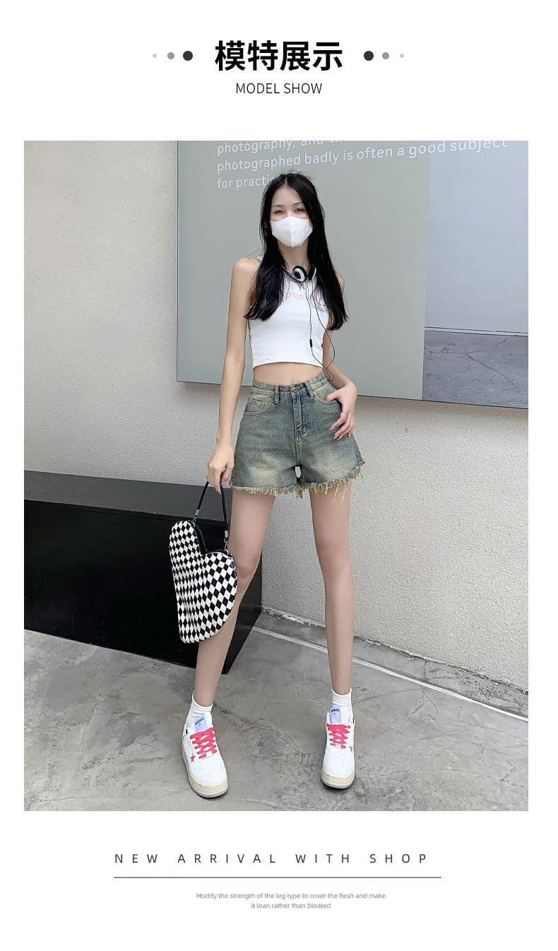 빅 사이즈 데님 반바지 여성 여름 몸매 가꾸기 거친 가장자리 레트로 캐주얼 하이웨이스트 도루 센스 루즈핏 슬림해 보이는 넓은 발 핫 바지 상세 이미지 11