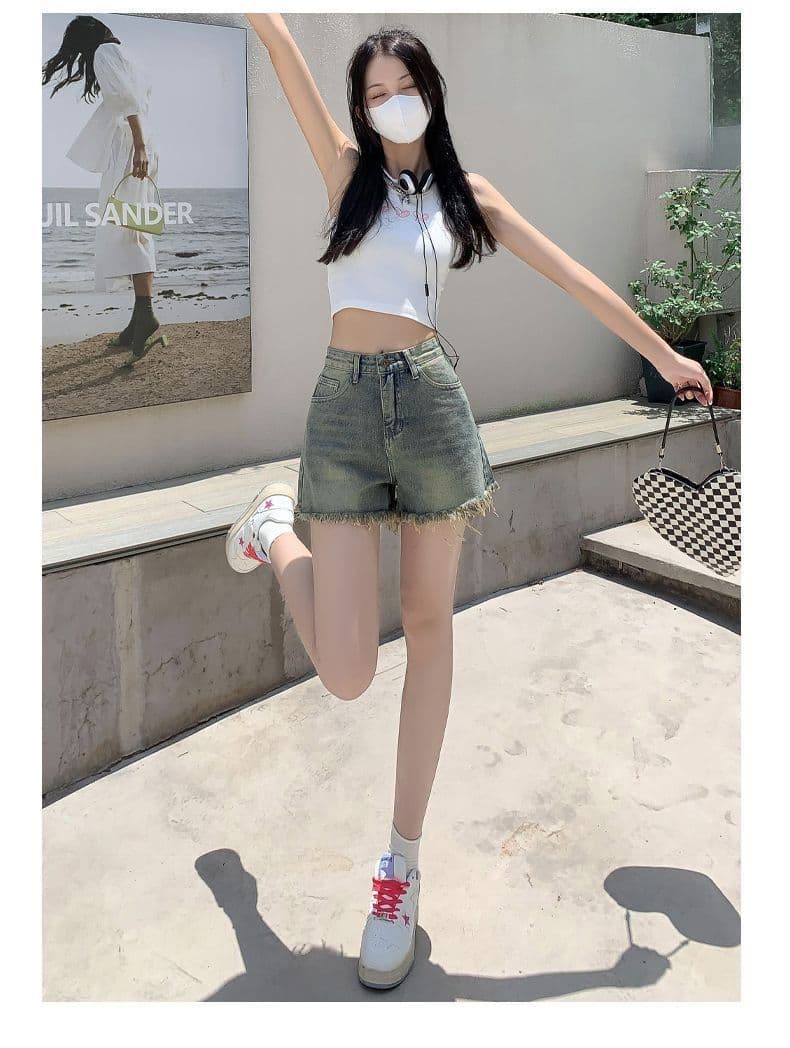 빅 사이즈 데님 반바지 여성 여름 몸매 가꾸기 거친 가장자리 레트로 캐주얼 하이웨이스트 도루 센스 루즈핏 슬림해 보이는 넓은 발 핫 바지 상세 이미지 12
