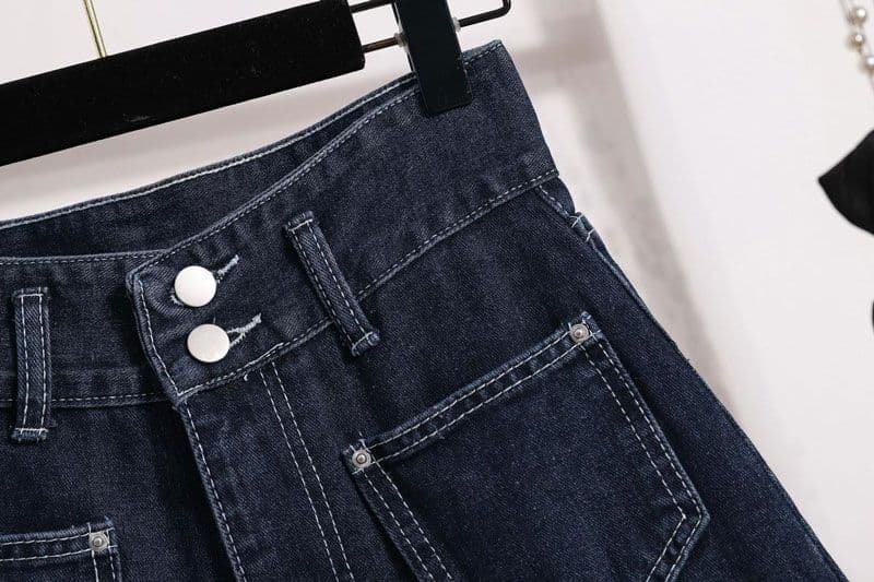 데님 반바지 여성 블루 회색 얇은 스타일 빅 사이즈 루즈핏 스트레이트 디자인 더블 버클 하이웨이스트 한 마디 넓은 다리 지방 mm 뜨거운 바지 상세 이미지 6