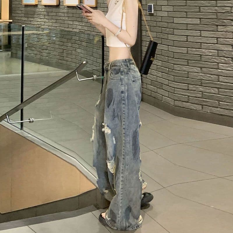 워싱 파란색 잉글랜드 찢어진 부분 청바지 여성 여름 얇은 스타일 배 모양 몸 작은 키 하이웨이스트 슬림해 보이는 바닥 청소 바지 이미지 4