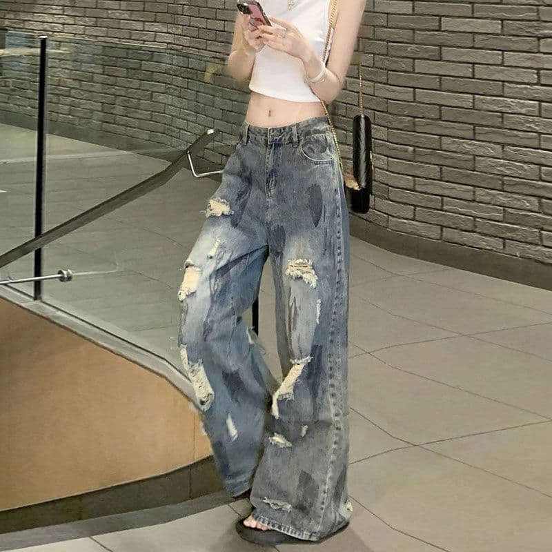 워싱 파란색 잉글랜드 찢어진 부분 청바지 여성 여름 얇은 스타일 배 모양 몸 작은 키 하이웨이스트 슬림해 보이는 바닥 청소 바지 이미지 2