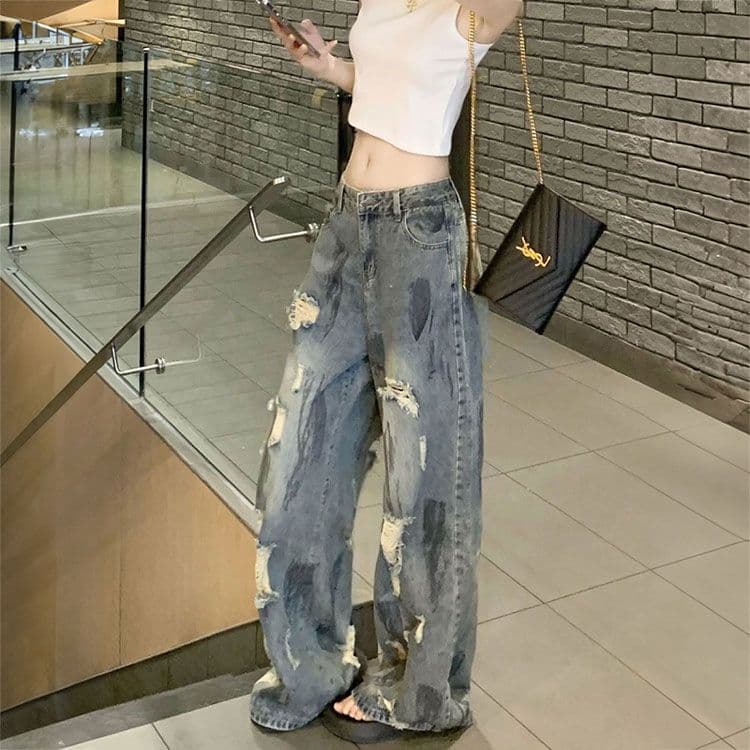 워싱 파란색 잉글랜드 찢어진 부분 청바지 여성 여름 얇은 스타일 배 모양 몸 작은 키 하이웨이스트 슬림해 보이는 바닥 청소 바지 상세 이미지 5