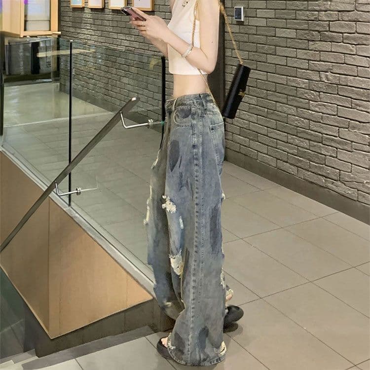 워싱 파란색 잉글랜드 찢어진 부분 청바지 여성 여름 얇은 스타일 배 모양 몸 작은 키 하이웨이스트 슬림해 보이는 바닥 청소 바지 상세 이미지 6