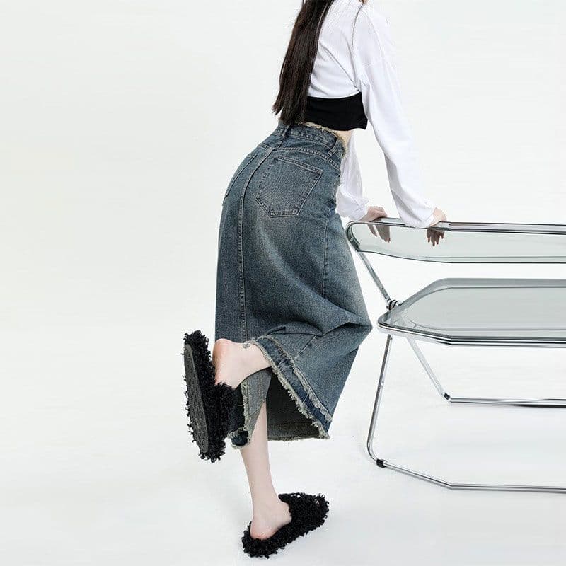 거친 가장자리 작은 키 A라인 스커트 데님 스커트 반신 스커트 여성 여름 ins 레트로 하이웨이스트 타이트 스커트 중간 길이 치마 이미지 5