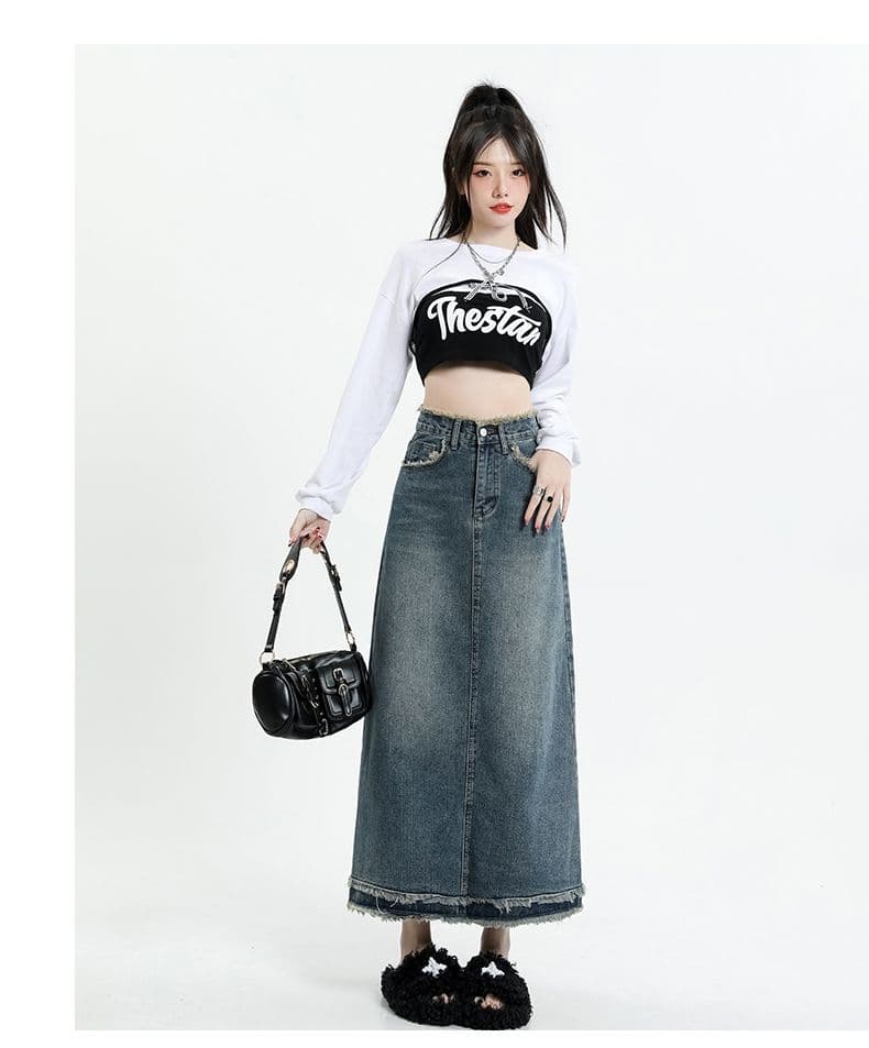 거친 가장자리 작은 키 A라인 스커트 데님 스커트 반신 스커트 여성 여름 ins 레트로 하이웨이스트 타이트 스커트 중간 길이 치마 상세 이미지 11