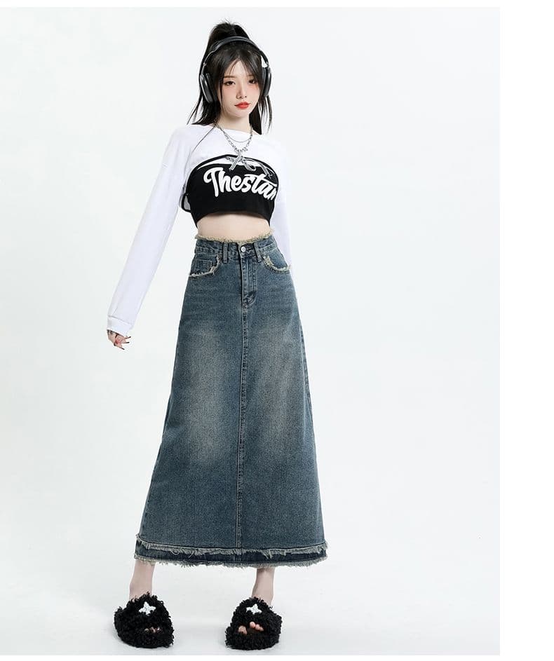 거친 가장자리 작은 키 A라인 스커트 데님 스커트 반신 스커트 여성 여름 ins 레트로 하이웨이스트 타이트 스커트 중간 길이 치마 상세 이미지 12