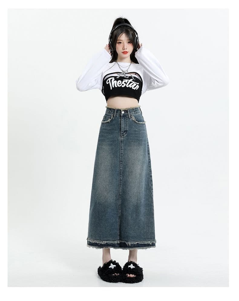 거친 가장자리 작은 키 A라인 스커트 데님 스커트 반신 스커트 여성 여름 ins 레트로 하이웨이스트 타이트 스커트 중간 길이 치마 상세 이미지 13