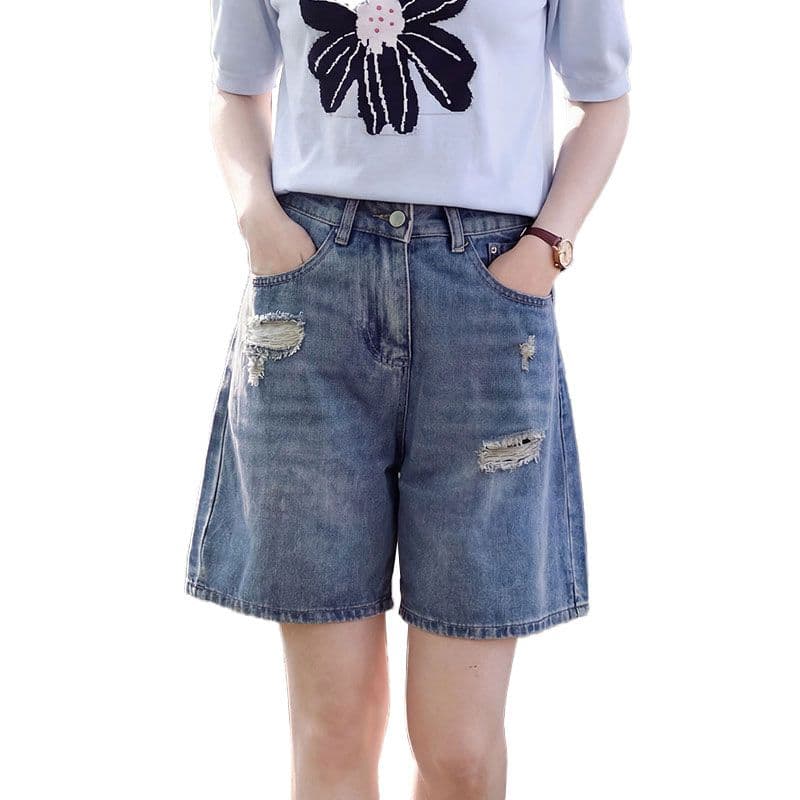 한국 스타일 찢어진 부분 스트레이트 청바지 여성 여름 새로운 작은 대중 다용도 하이웨이스트 루즈핏 슬림해 보이는 넓은 다리 5 점 바지 이미지 5