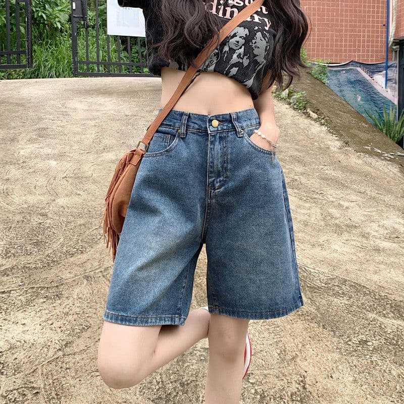 2026 년 여름 새로운 다용도 데님 반바지 여성 하이웨이스트 루즈핏 스트레이트 슬림해 보이는 캐주얼 5 점 넓은 다리 바지 이미지 2