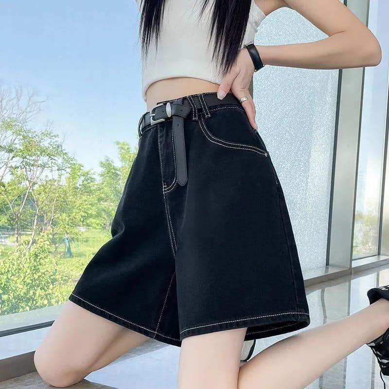 검정색 명시적 스티치 5 점 데님 반바지 여성 2025 여름 얇은 스타일 하이웨이스트 슬림해 보이는 루즈핏 표지 넓적 다리 작은 키 바지 상세 이미지 7