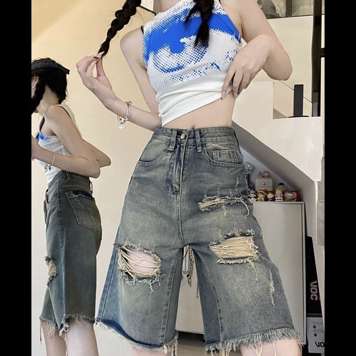 레트로 찢어진 부분 5 점 데님 반바지 여성 여름 ins 새로운 루즈핏 디스플레이 슬림 거리 디자인 센스 넓은 다리 바지 상세 이미지 6