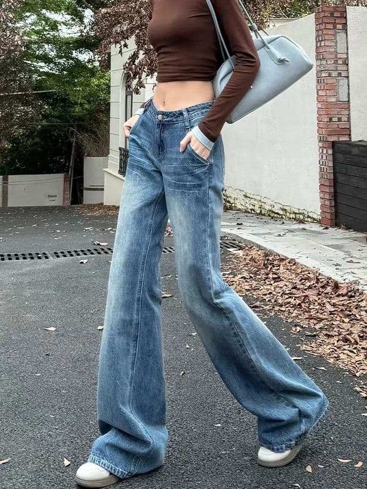 아메리칸 레트로 워싱 나팔 청바지 새로운 루즈핏 슬림해 보이는 스트레이트 바닥 청소 긴 바지 바지 상세 이미지 5