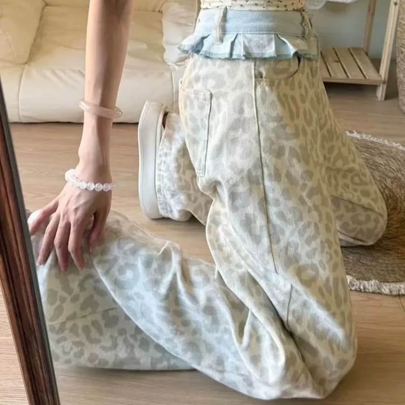 ins 바람 레오파드 무늬 청바지 2026 새로운 스트레이트 디자인 트렌드 다용도 루즈핏 슬림해 보이는 데님 와이드 레깅스 바지 이미지 5