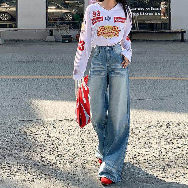 아메리칸 파란색 새로운 빅 사이즈 넓은 다리 청바지 여성 2026 봄 지방 mm 루즈핏 도루 센스 스트레이트 바닥 청소 바지 이미지 3