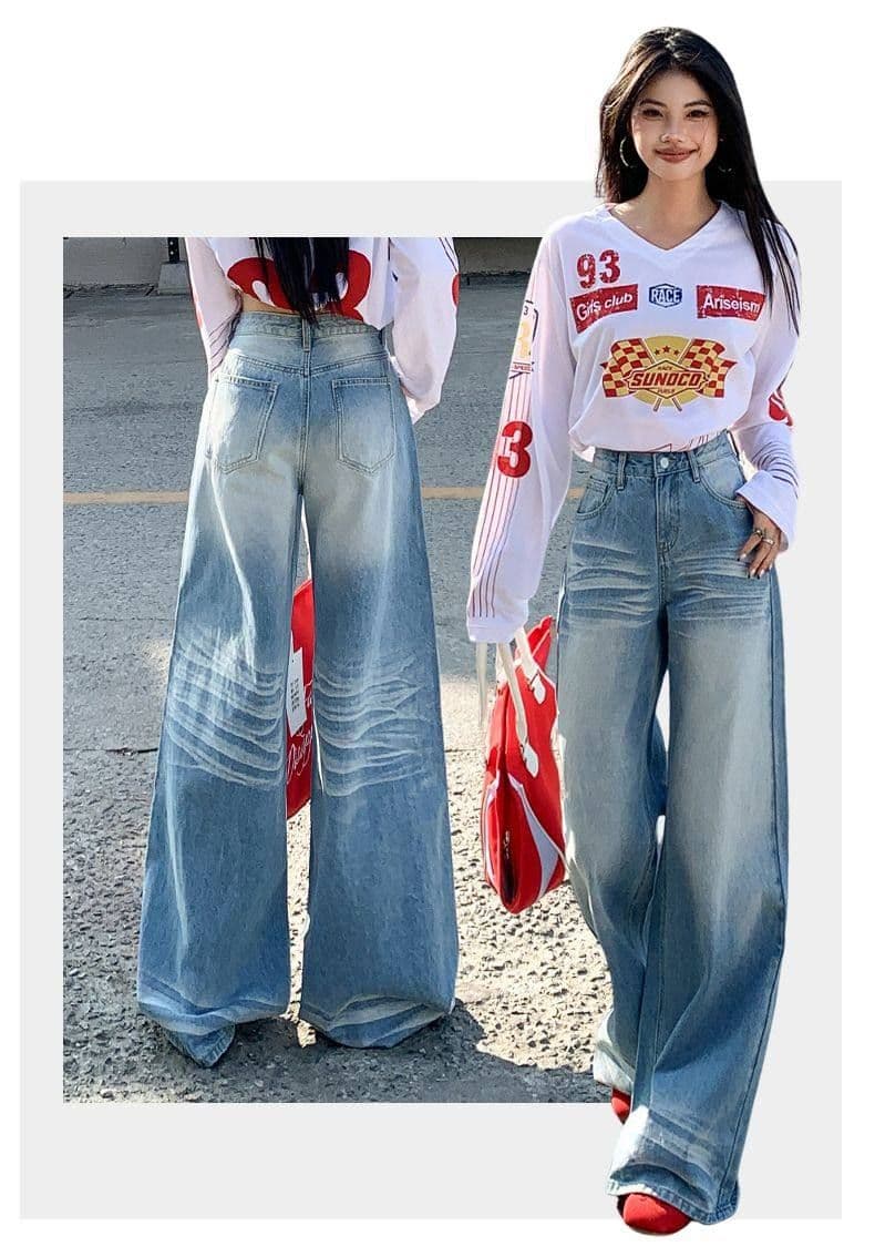 아메리칸 파란색 새로운 빅 사이즈 넓은 다리 청바지 여성 2026 봄 지방 mm 루즈핏 도루 센스 스트레이트 바닥 청소 바지 상세 이미지 4