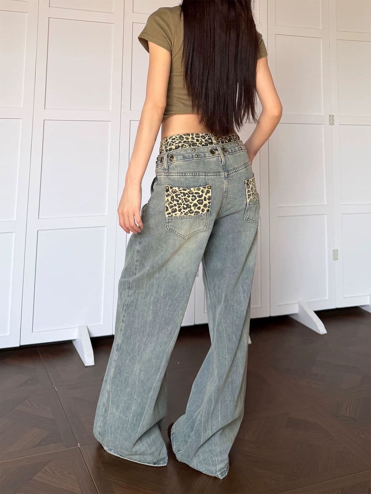 레오파드 무늬 패치워크 더블 허리 머리 넓은 다리 청바지 남녀 아메리칸 버드 나무 못 디자인 바닥 청소 스트레이트 긴 바지 이미지 2
